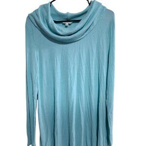 Umgee Large Aqua Blue Ribbed Cowl Neck Long Sleeve Tunic